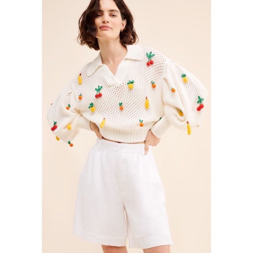 Farm Rio Off-White Crochet 3D Fruit Polo Knit Sweater Top - Picture 2 of 10